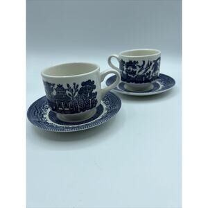 CHURCHILL BLUE WILLOW CUPS SAUCERS Coffee Tea White Chinoiserie England Pagoda